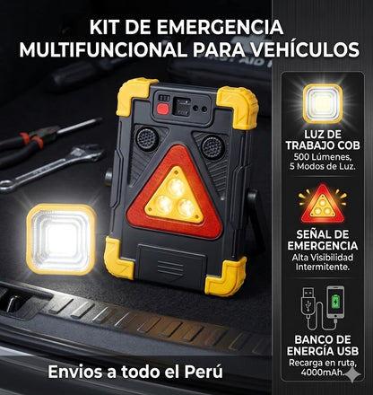 Señalizador de Emergencia solar 5 en 1 | Triángulo 3 luces, Foco COB, PowerBank, Sonido de Emergencia y Panel solar