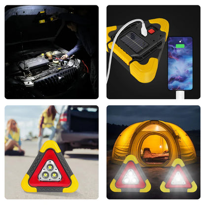 Señalizador de Emergencia solar 5 en 1 | Triángulo 3 luces, Foco COB, PowerBank, Sonido de Emergencia y Panel solar