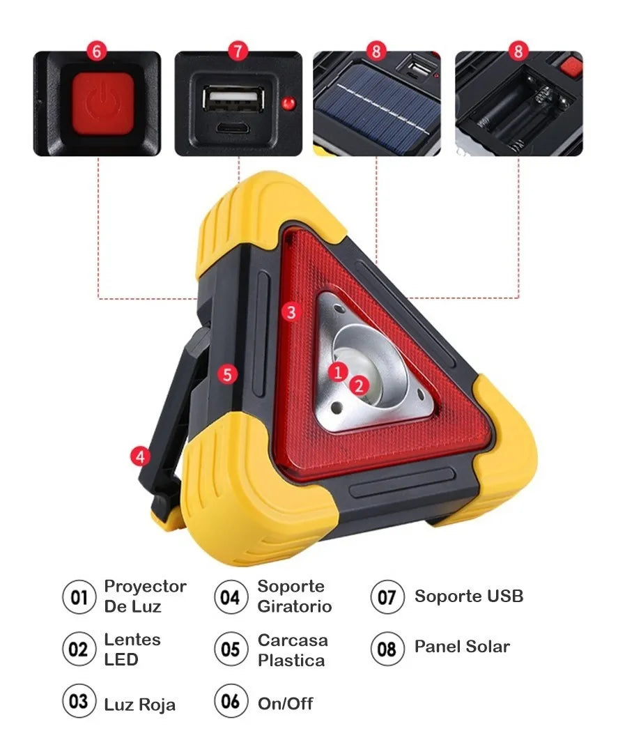 Señalizador de Emergencia solar 5 en 1 | Triángulo 3 luces, Foco COB, PowerBank, Sonido de Emergencia y Panel solar