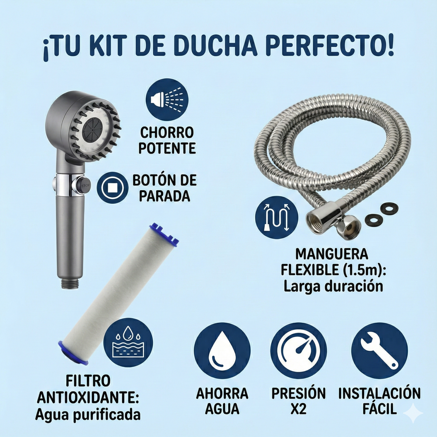 KIT COMPLETO Ducha de Alta Presión + Manguera + filtro ionizante