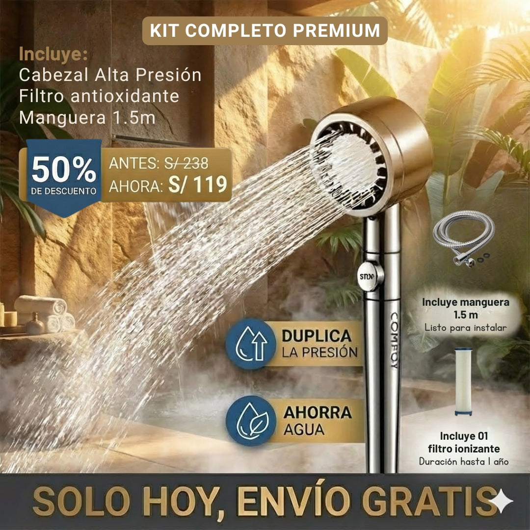 KIT COMPLETO Ducha de Alta Presión + Manguera + filtro ionizante